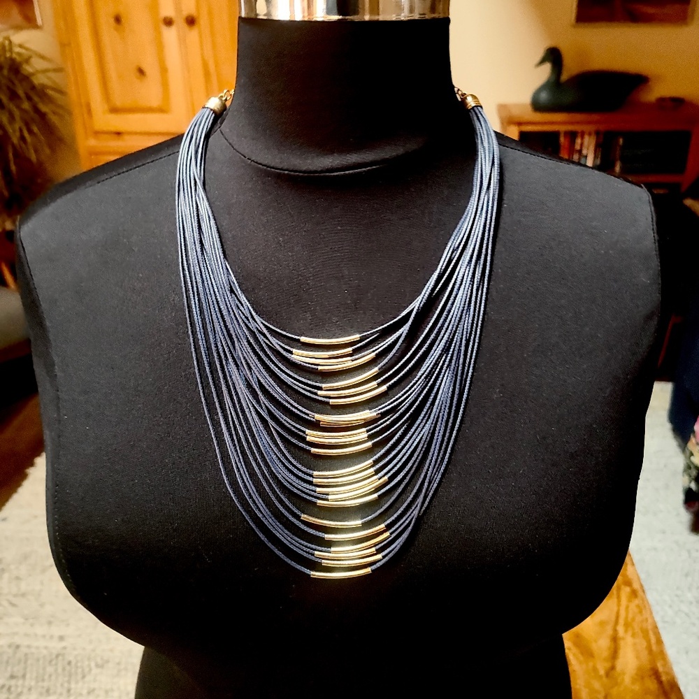 Navy Blue and Gold Necklace Multi Strand